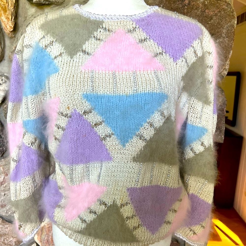 Nannell💜💎 Hand Knit Sweater Silk Angora💎💜 Geo Rhinestone Pastel 💜💎 L
